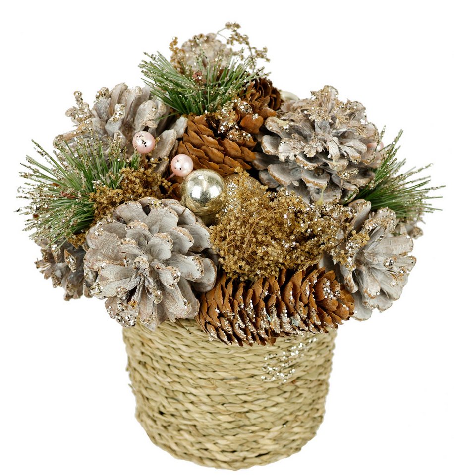 Kunstpflanze Natur-Gesteck Zapfen, I.GE.A., Höhe 18 cm, Im Topf mit Christbaumkugeln Tanne Gesteck Weihnachtsdeko Tischdeko Bild 2