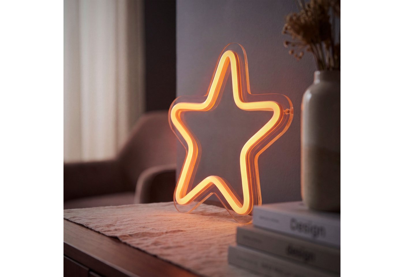 OTTO home LED Stern LED Neon Stern QUELLIN, Ø 20 cm, Timerfunktion, LED fest integriert, Warmweiß, Timer, IP44, Batteriebetrieb, 50 cm Anschlusskabel Bild 4