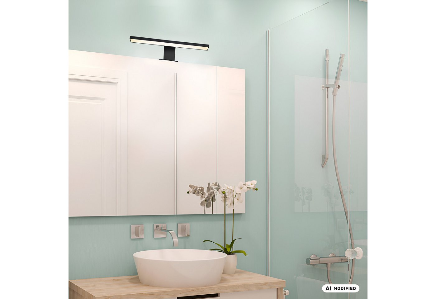 OTTO home LED Spiegelleuchte SYNNRA Wandleuchte Badleuchte IP44 230V in chrom/schwarz, LED fest integriert, Neutralweiß, Klemmbar, Schraubbar, 550 Lumen, 5 Watt, Badezimmer-Beleuchtung Bild 2