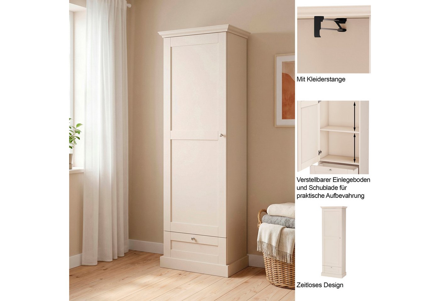OTTO home Garderobenschrank Binz Flurschrank mit 1 Tür, 1 Schublade und ausziehbare Kleiderstange 1 verstellbarer Einlegebode, Metallknopfgriffe, Höhe 180 cm Bild 3