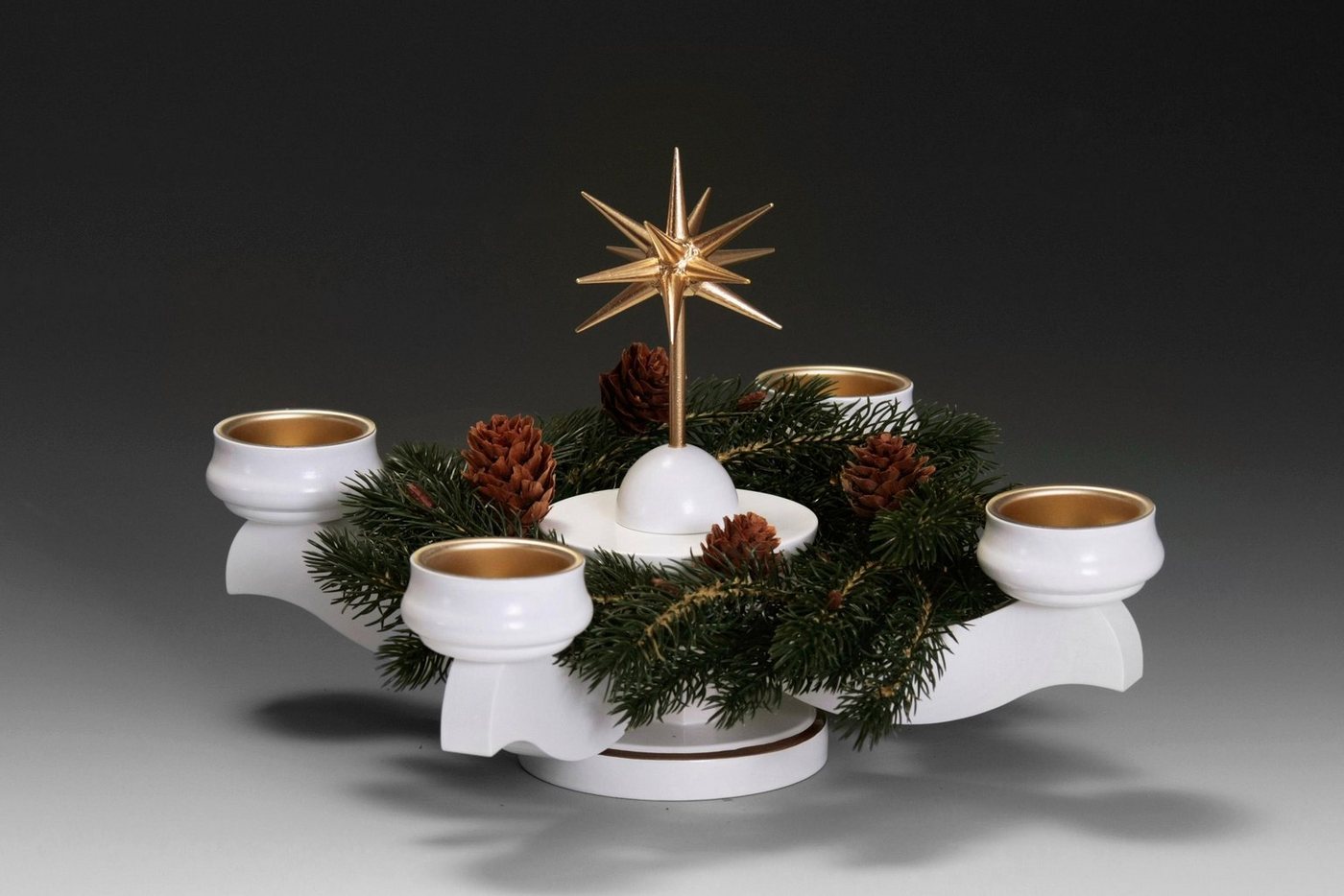 Albin Preissler Adventsleuchter mit Weihnachtsstern, Handwerkskunst aus dem Erzgebirge, Ø 22 cm, Weihnachtsdeko aus Holz