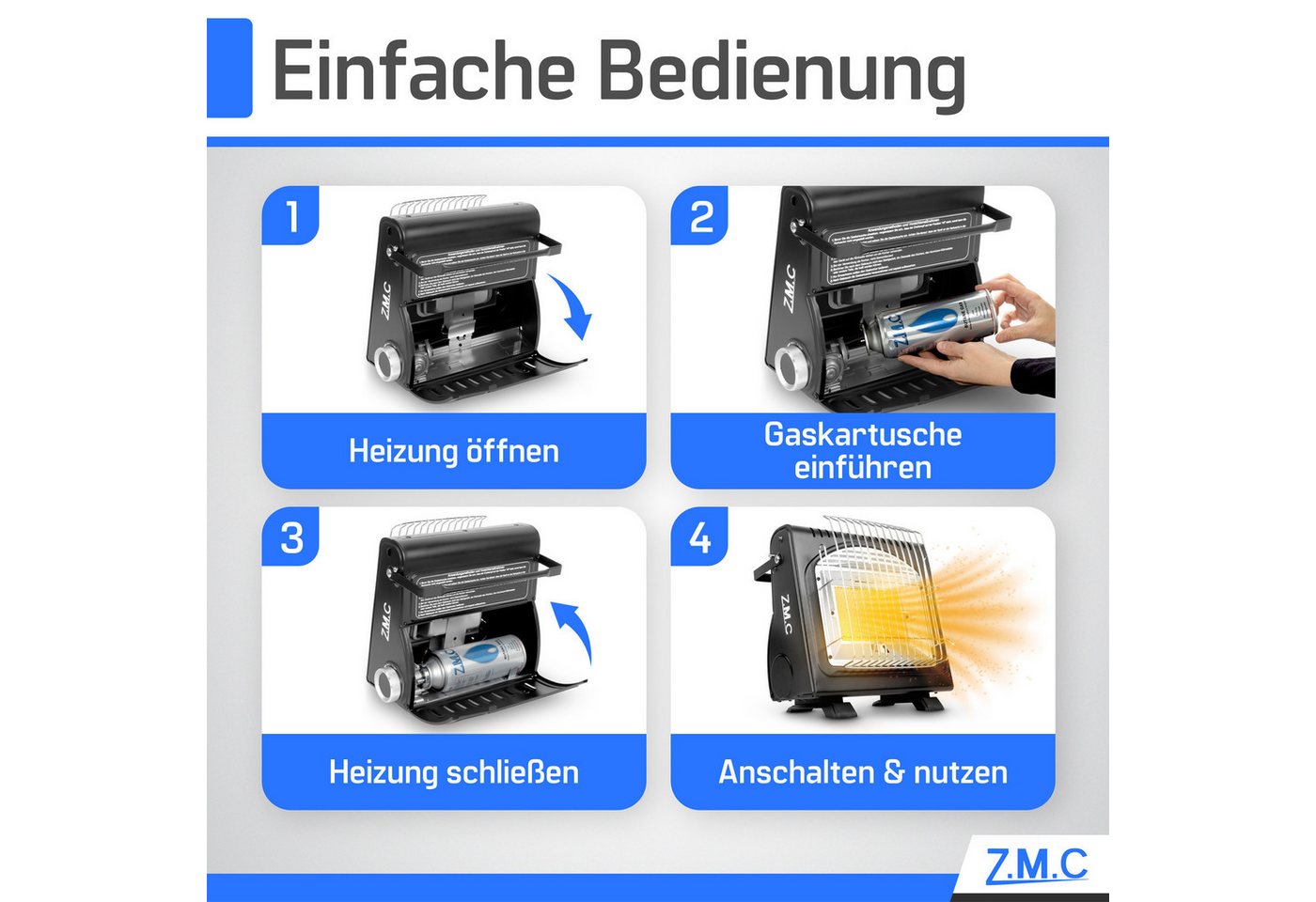 ZMC Heizstrahler 2in1 Gasheizung Gaskocher Camping Zelt Butangas Piezo inkl. Kartuschen, 1700 W, 1700W Camping Heizung mobile Heizstrahler Zeltheizung mit Piezozündung Bild 2