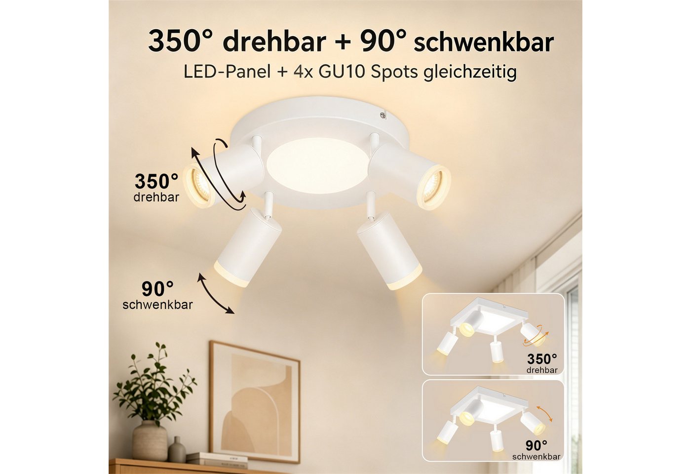 ZMH Deckenstrahler 4 Flammig Quadratisch/Rund 20W Deckenleuchte 3000K GU10 Wohnzimmer, ohne Leuchtmittel, Warmweiß, Weiß Schwenkbar 350° Moderne Schlafzimmerlampe