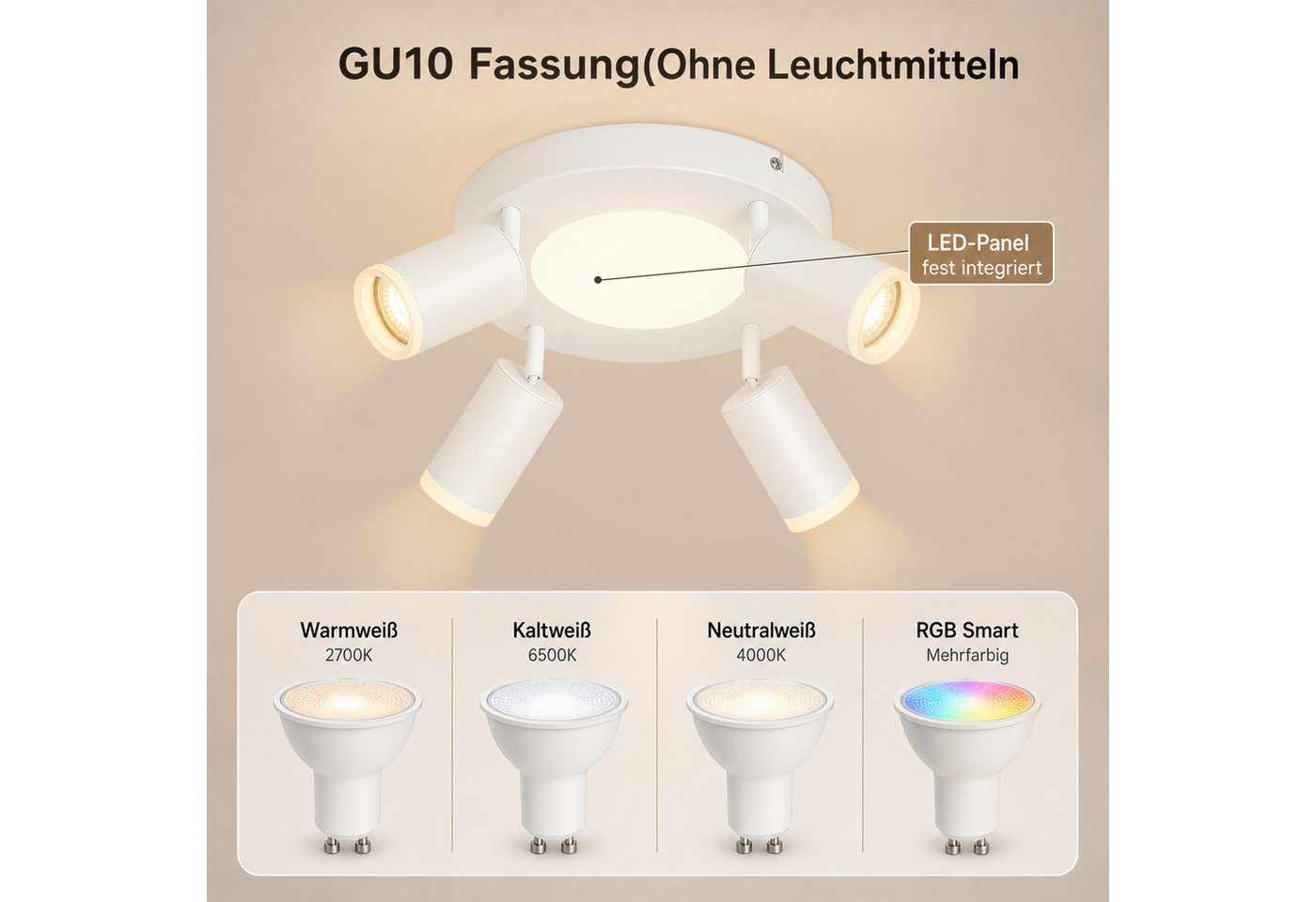 ZMH Deckenstrahler 4 Flammig Quadratisch/Rund 20W Deckenleuchte 3000K GU10 Wohnzimmer, ohne Leuchtmittel, Warmweiß, Weiß Schwenkbar 350° Moderne Schlafzimmerlampe Bild 3