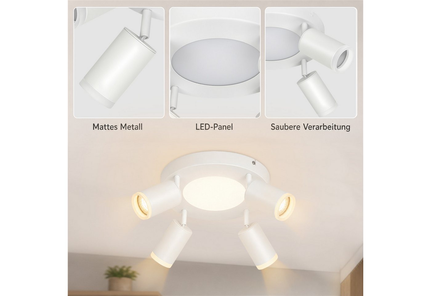 ZMH Deckenstrahler 4 Flammig Quadratisch/Rund 20W Deckenleuchte 3000K GU10 Wohnzimmer, ohne Leuchtmittel, Warmweiß, Weiß Schwenkbar 350° Moderne Schlafzimmerlampe Bild 4