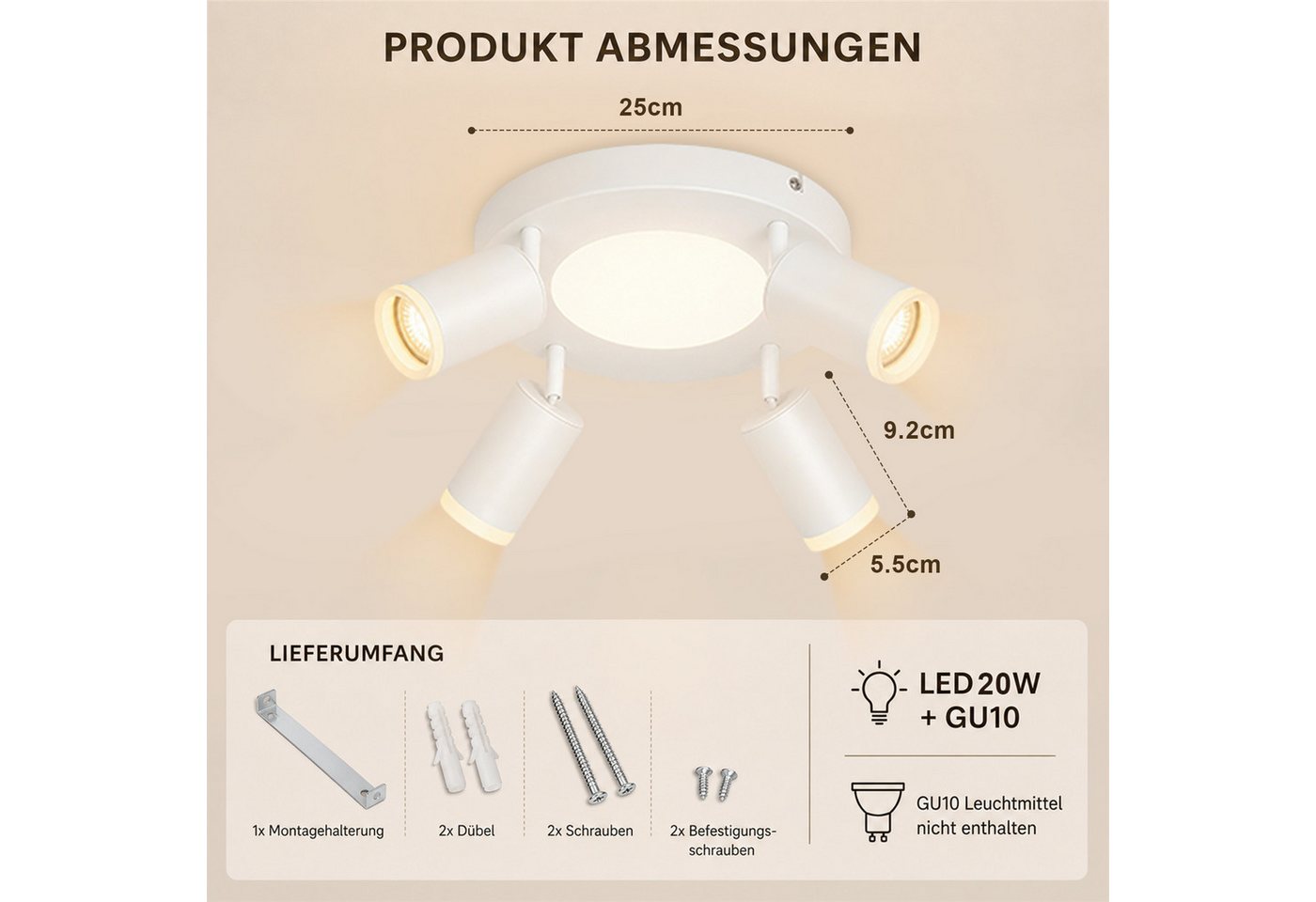 ZMH Deckenstrahler 4 Flammig Quadratisch/Rund 20W Deckenleuchte 3000K GU10 Wohnzimmer, ohne Leuchtmittel, Warmweiß, Weiß Schwenkbar 350° Moderne Schlafzimmerlampe Bild 5