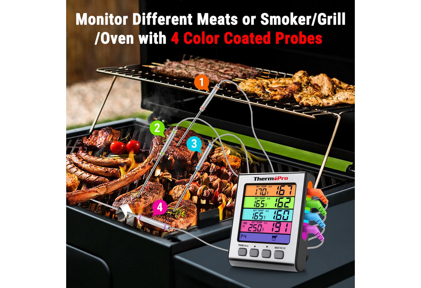 ThermoPro Grillthermometer TP17, TP-17H mit 4 Sonden, BBQ-Alarm und Touch-Hintergrundbeleuchtung