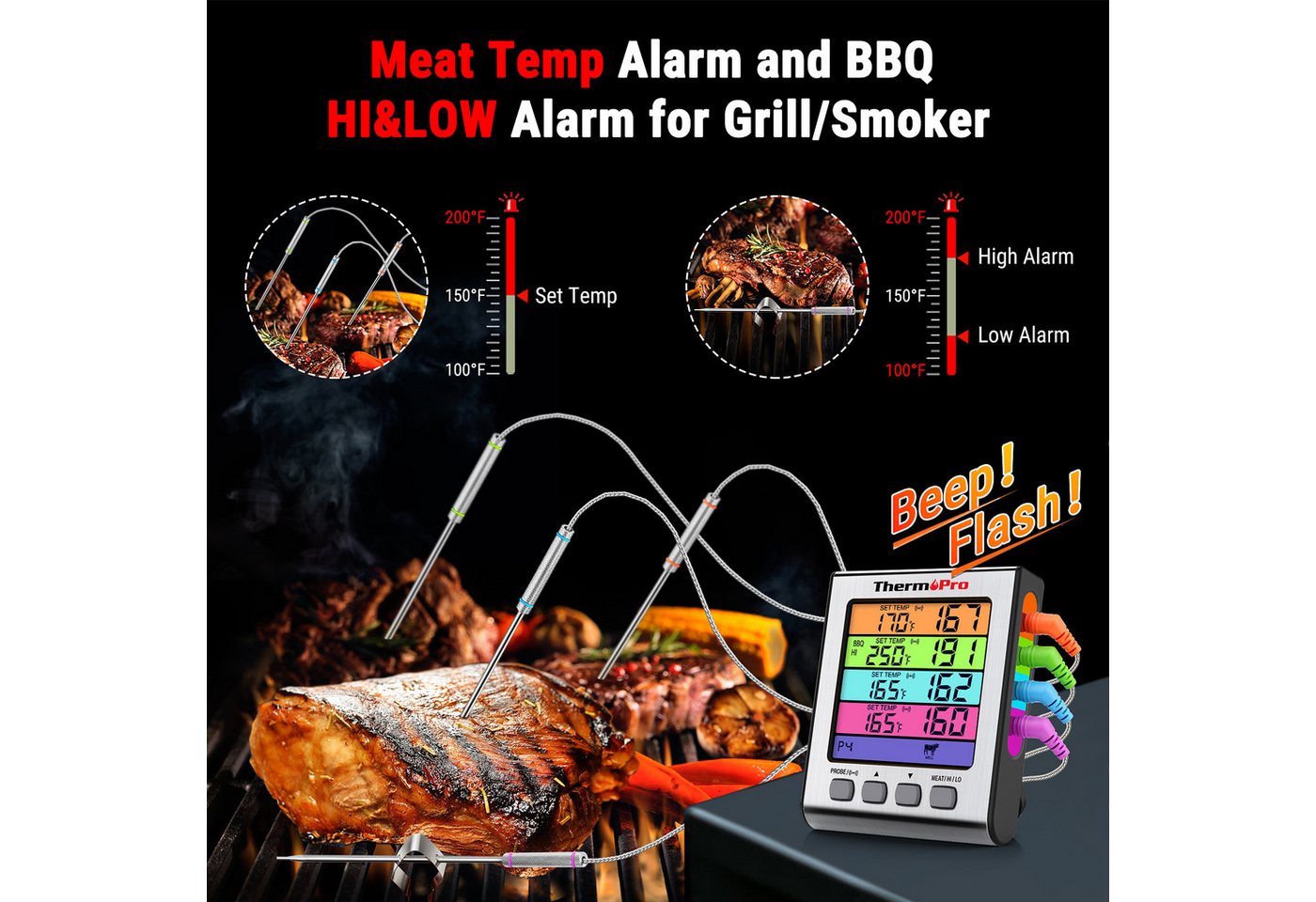 ThermoPro Grillthermometer TP17, TP-17H mit 4 Sonden, BBQ-Alarm und Touch-Hintergrundbeleuchtung Bild 2