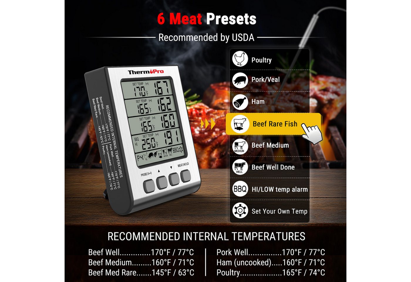 ThermoPro Grillthermometer TP17, TP-17H mit 4 Sonden, BBQ-Alarm und Touch-Hintergrundbeleuchtung Bild 4