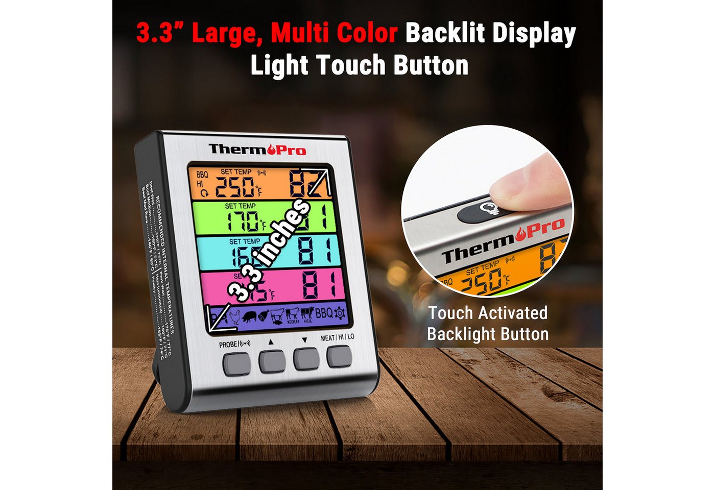 ThermoPro Grillthermometer TP17, TP-17H mit 4 Sonden, BBQ-Alarm und Touch-Hintergrundbeleuchtung Bild 5