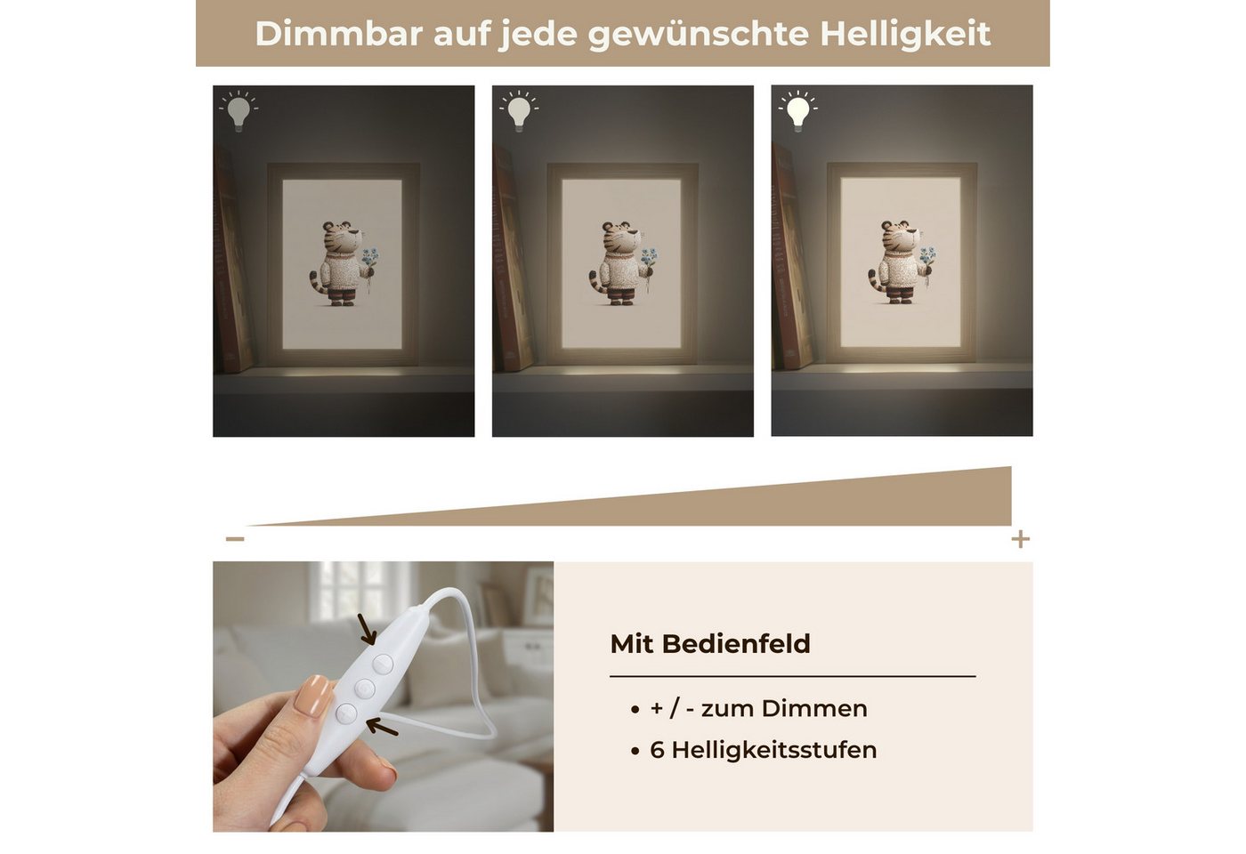 OnlyWow Wandleuchte Lightbox Tiger - Blaue Blumen - Leise - Jungen, Dimmbar, Farbwechsel, LED, Warmweiß, Kaltweiß, Neutralweiß Einstellbar, Wandlampe Innen, Dimmbar, mit Kabel, LED, Beleuchtung, Kinderzimmer