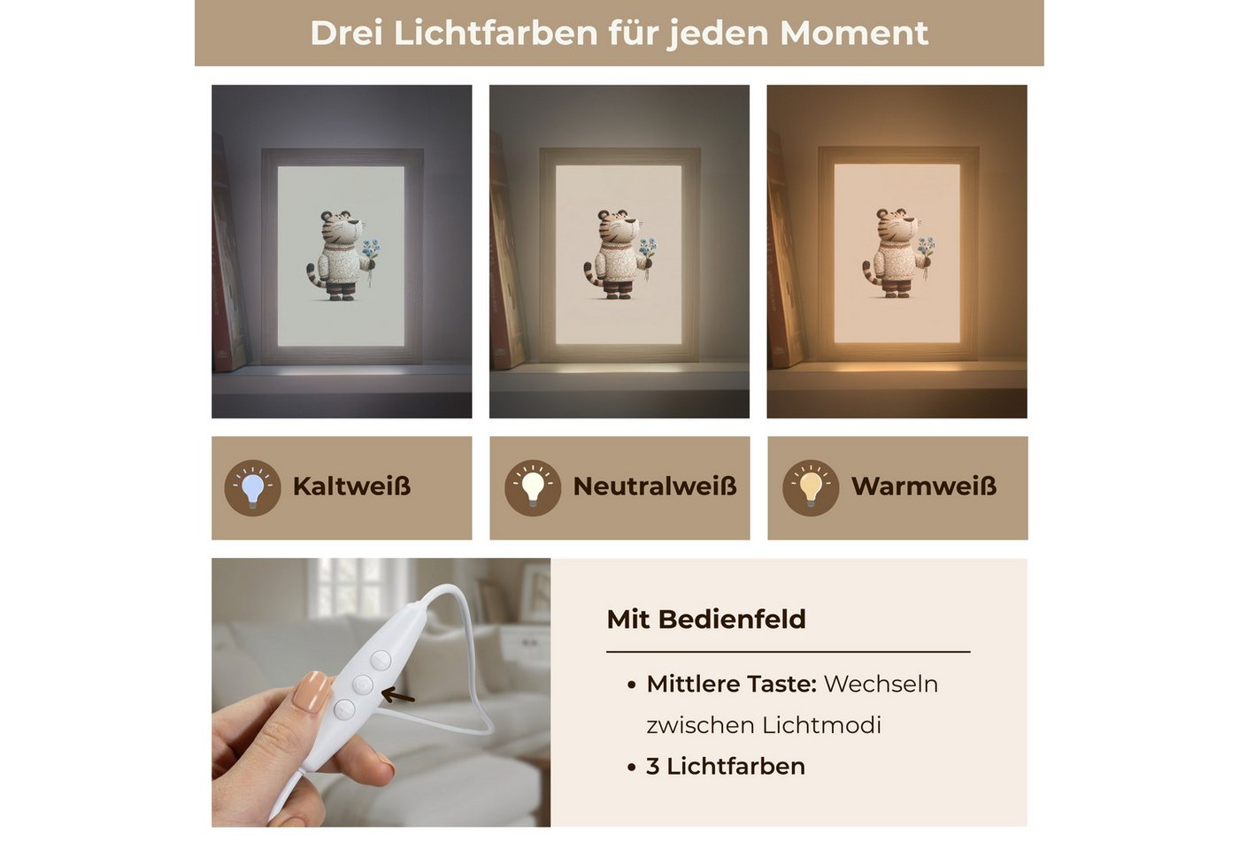 OnlyWow Wandleuchte Lightbox Tiger - Blaue Blumen - Leise - Jungen, Dimmbar, Farbwechsel, LED, Warmweiß, Kaltweiß, Neutralweiß Einstellbar, Wandlampe Innen, Dimmbar, mit Kabel, LED, Beleuchtung, Kinderzimmer Bild 3