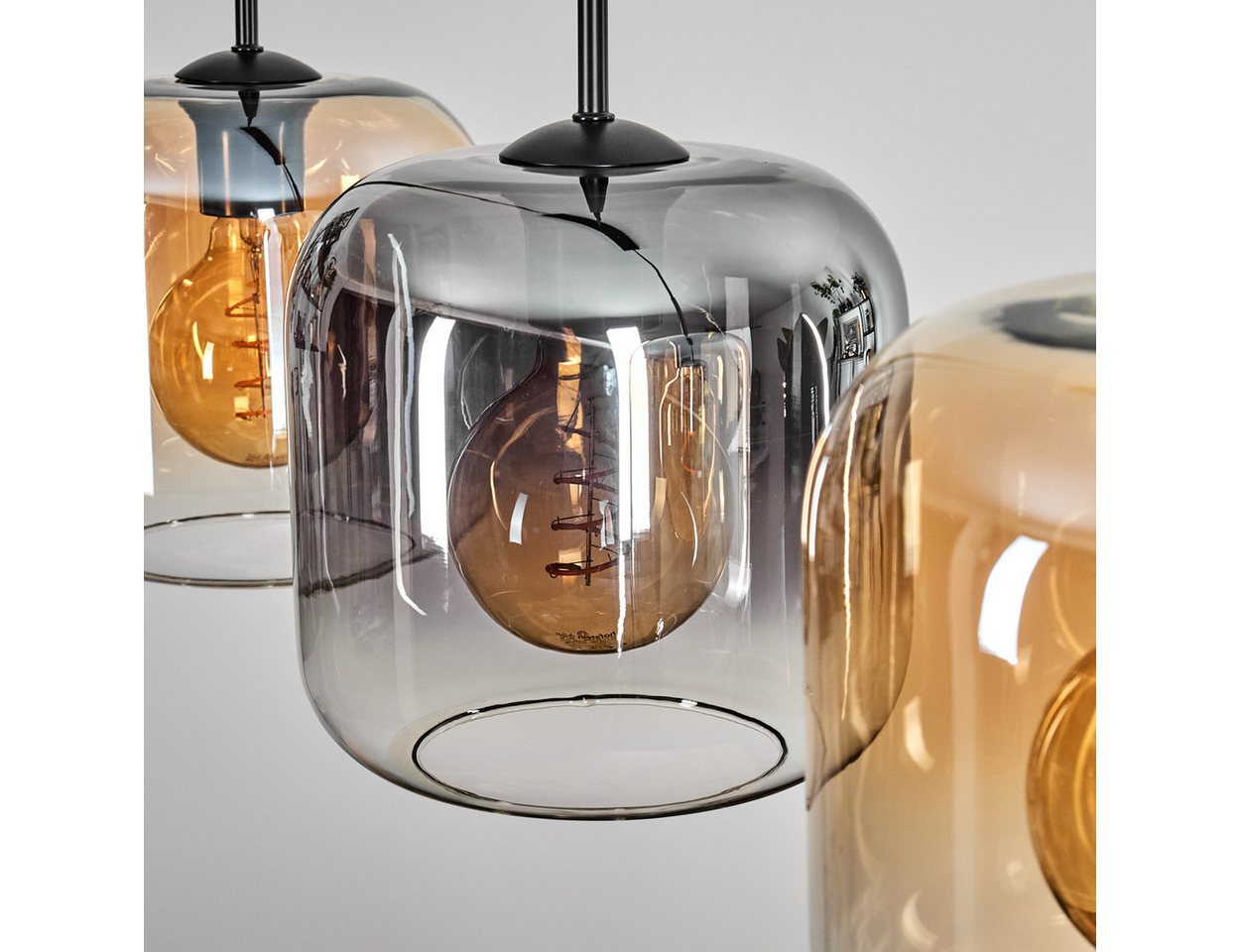 hofstein Pendelleuchte Pendellampe aus Metall/Glas in Schwarz/Rauch/Bernstein/Klar, ohne Leuchtmittel, Leuchte mit Glasschirmen(20cm),max. 147,5cm, 4xE27, ohne Leuchtmittel