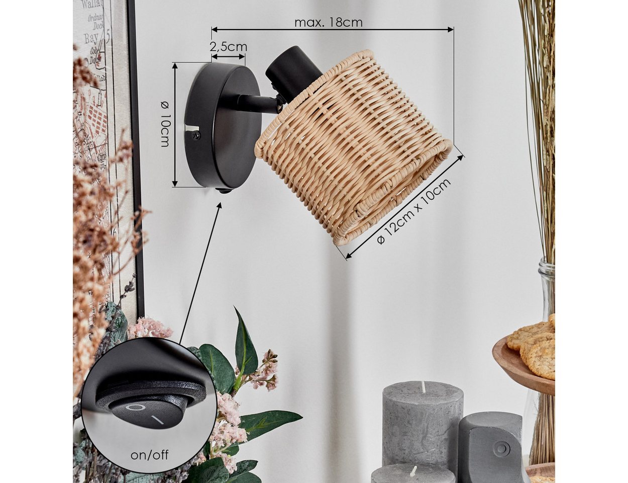 hofstein Deckenleuchte verstellbare Wandlampe aus Metall/Rattan in Schwarz/Natur, ohne Leuchtmittel, Leuchte mit verstellbarem Schirm(12 cm), 1 x E14, ohne Leuchtmittel