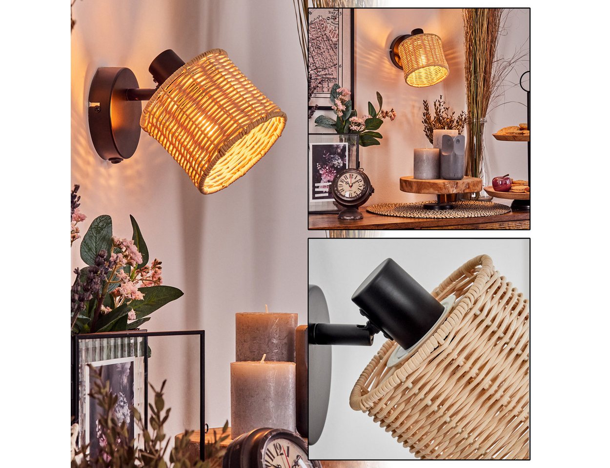 hofstein Deckenleuchte verstellbare Wandlampe aus Metall/Rattan in Schwarz/Natur, ohne Leuchtmittel, Leuchte mit verstellbarem Schirm(12 cm), 1 x E14, ohne Leuchtmittel Bild 2