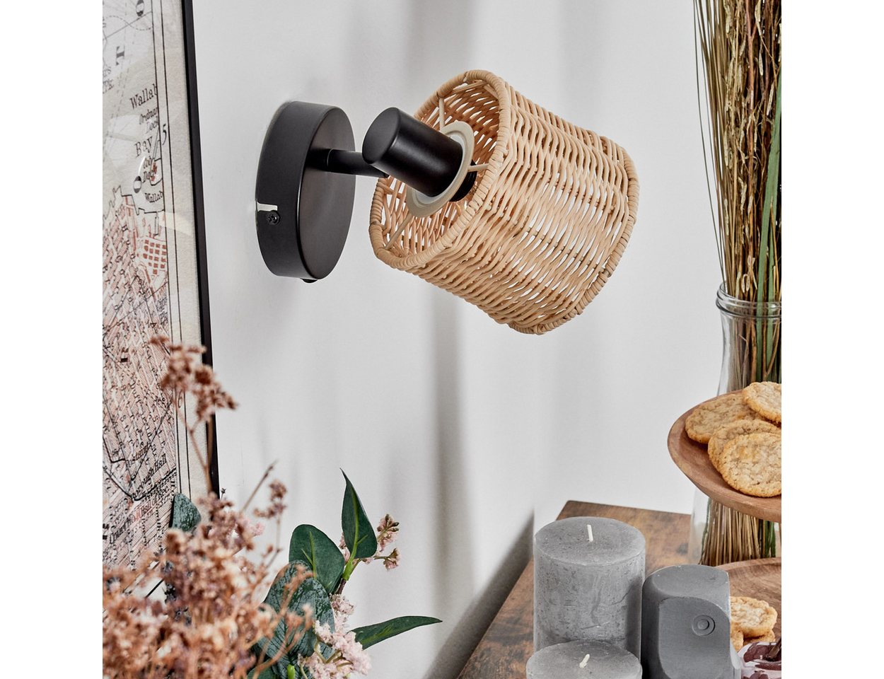 hofstein Deckenleuchte verstellbare Wandlampe aus Metall/Rattan in Schwarz/Natur, ohne Leuchtmittel, Leuchte mit verstellbarem Schirm(12 cm), 1 x E14, ohne Leuchtmittel Bild 3
