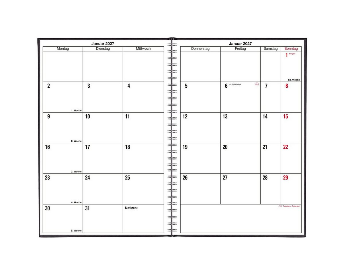 GÜSS Kalender Buchkalender Monatsübersicht A5 1 Monat/2 Seiten Wire-O-Bindung schwarz 2027 Bild 2