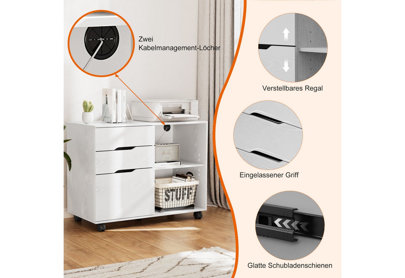 SURFOU Rollcontainer Schreibtisch Büromöbel Druckerschrank Büro Schrank, Schreibtisch Schrank auf Rollen Rollschrank Kommode mit Rollen Bild 5