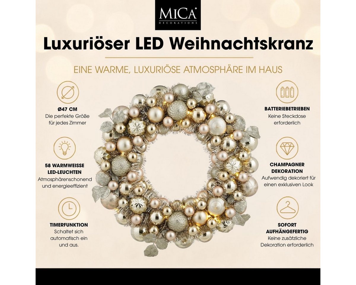 Mica Decorations Dekokranz Mica Decorations Weihnachtskranz mit Beleuchtung Ø47 cm