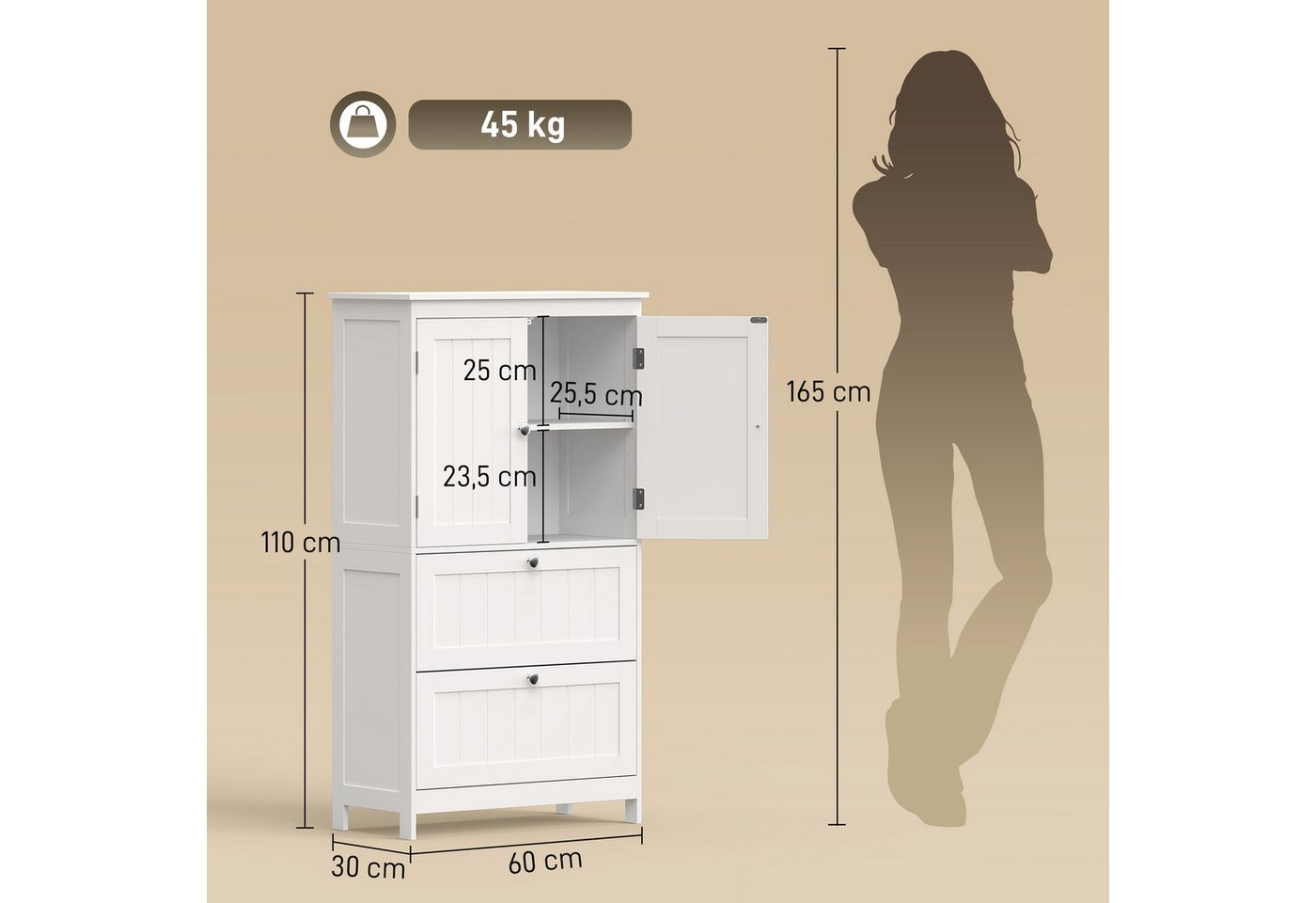 HOMCOM Badkommode mit verstellbarem Einlegeboden und Lamellentüren (Set, 1 St., 1), Schmaler Schrank mit 2 Schubladen