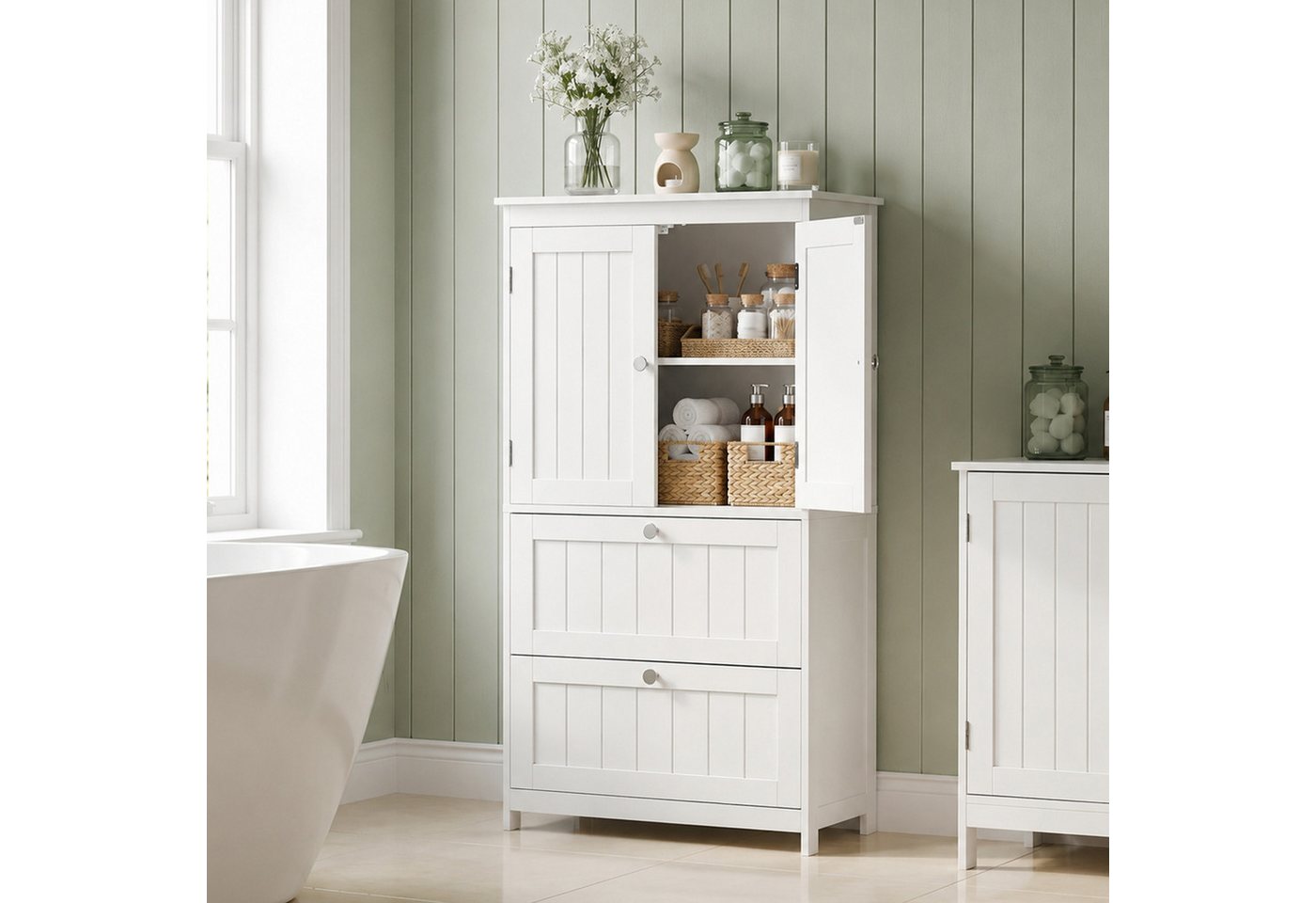 HOMCOM Badkommode mit verstellbarem Einlegeboden und Lamellentüren (Set, 1 St., 1), Schmaler Schrank mit 2 Schubladen Bild 2