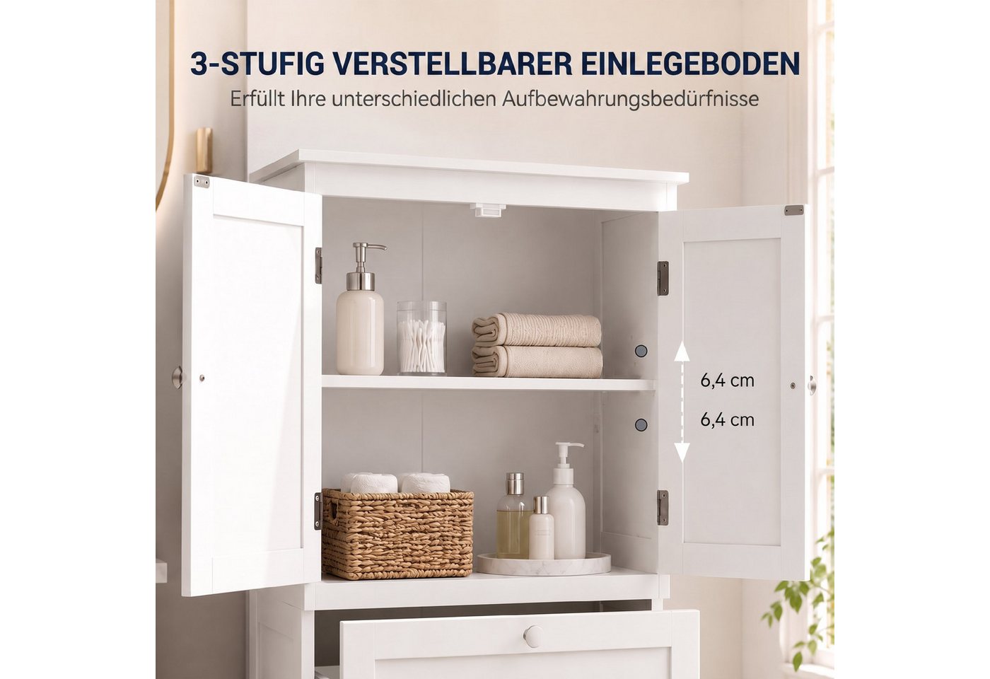 HOMCOM Badkommode mit verstellbarem Einlegeboden und Lamellentüren (Set, 1 St., 1), Schmaler Schrank mit 2 Schubladen Bild 3