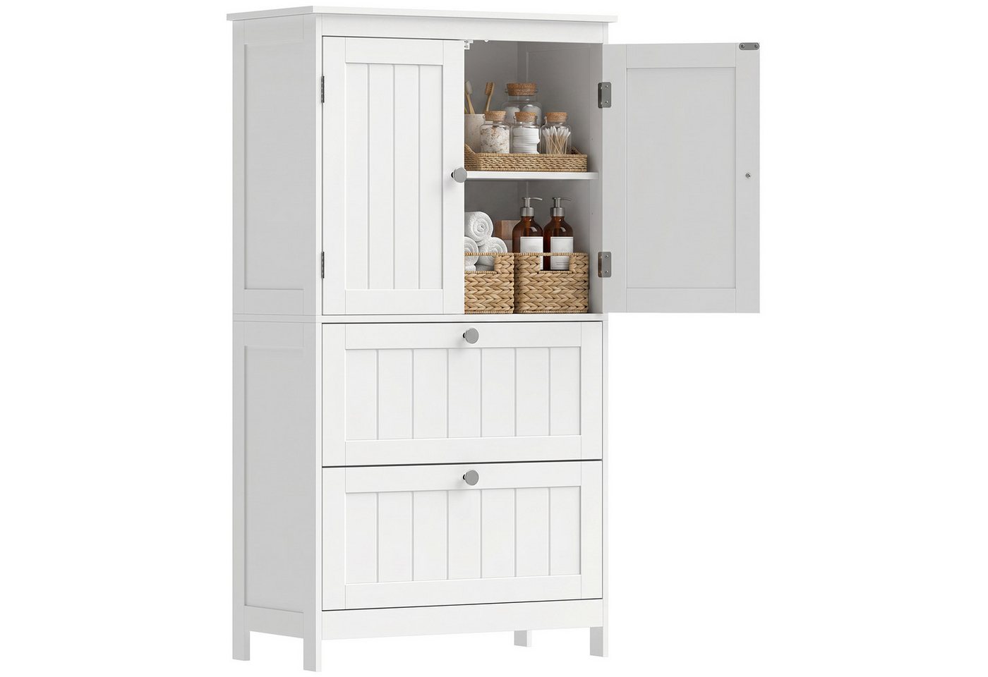 HOMCOM Badkommode mit verstellbarem Einlegeboden und Lamellentüren (Set, 1 St., 1), Schmaler Schrank mit 2 Schubladen Bild 4