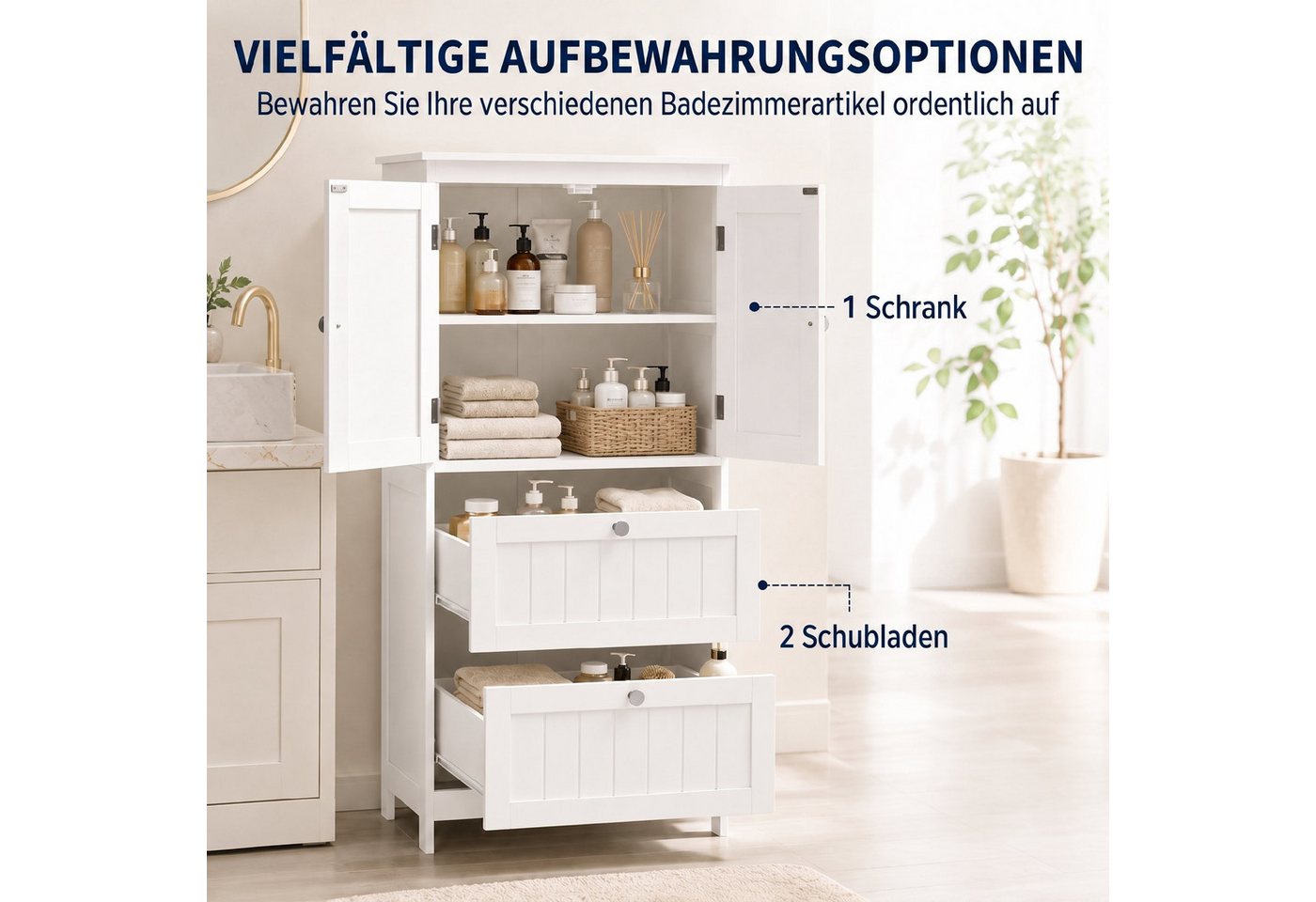 HOMCOM Badkommode mit verstellbarem Einlegeboden und Lamellentüren (Set, 1 St., 1), Schmaler Schrank mit 2 Schubladen Bild 5