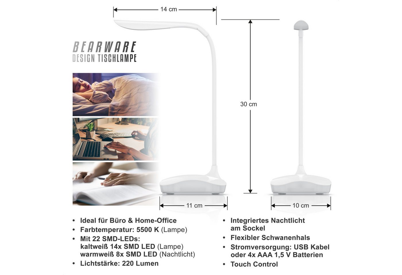 BEARWARE Schreibtischlampe LED Leselampe dimmbar, flexibler Lampenhals, 3 Lichtmodi, Touch-Sensor, mehrere Helligkeitsstufen, Nachtlichtfunktion, LED fest integriert, Kaltweiß, Bürolampe, USB oder Batteriebetrieb, 3 Helligkeitsstufen, Tischleuchte