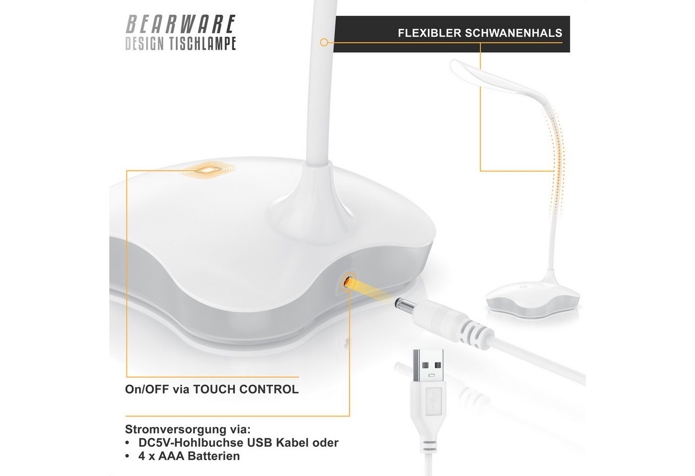 BEARWARE Schreibtischlampe LED Leselampe dimmbar, flexibler Lampenhals, 3 Lichtmodi, Touch-Sensor, mehrere Helligkeitsstufen, Nachtlichtfunktion, LED fest integriert, Kaltweiß, Bürolampe, USB oder Batteriebetrieb, 3 Helligkeitsstufen, Tischleuchte Bild 2
