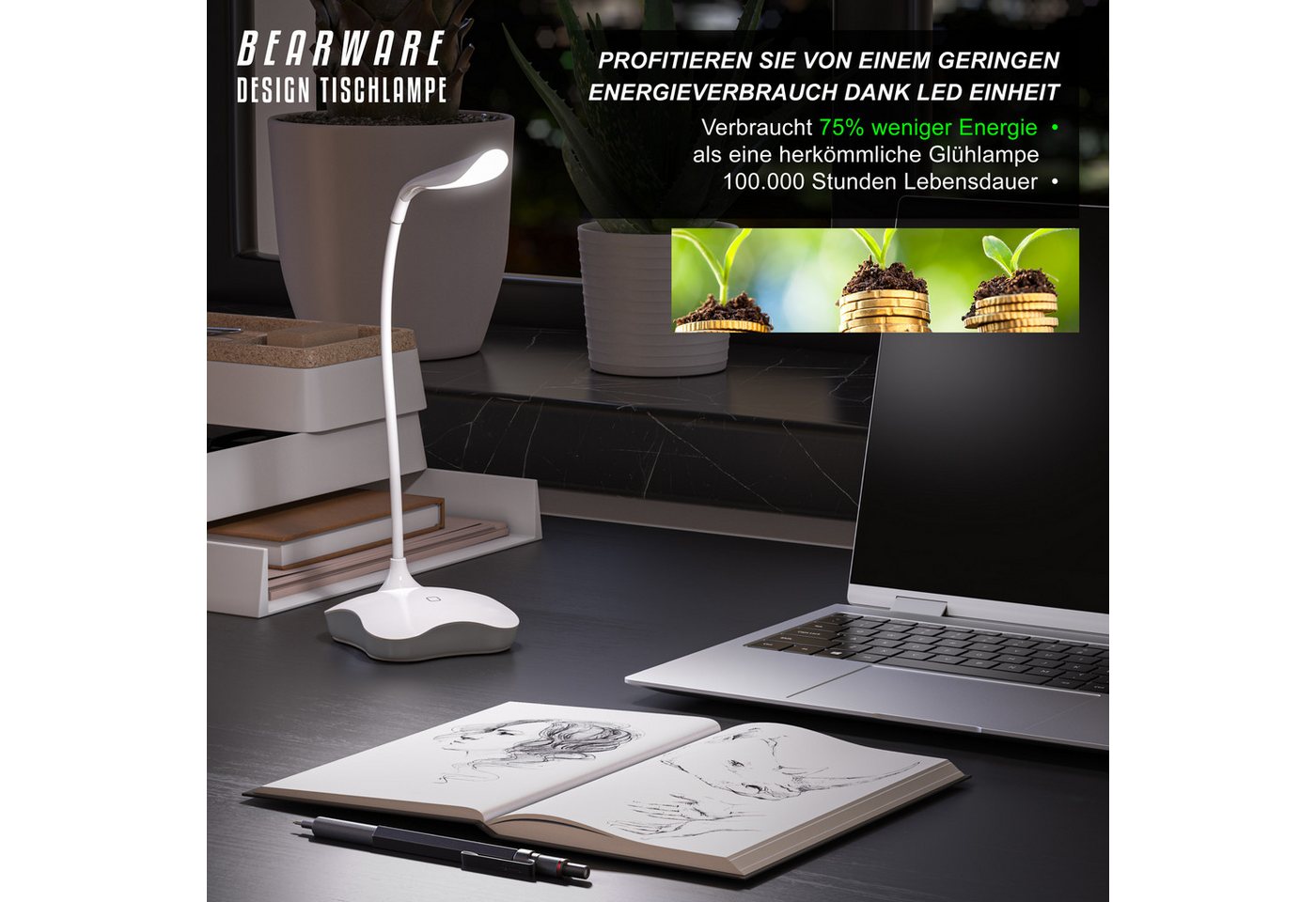 BEARWARE Schreibtischlampe LED Leselampe dimmbar, flexibler Lampenhals, 3 Lichtmodi, Touch-Sensor, mehrere Helligkeitsstufen, Nachtlichtfunktion, LED fest integriert, Kaltweiß, Bürolampe, USB oder Batteriebetrieb, 3 Helligkeitsstufen, Tischleuchte Bild 3