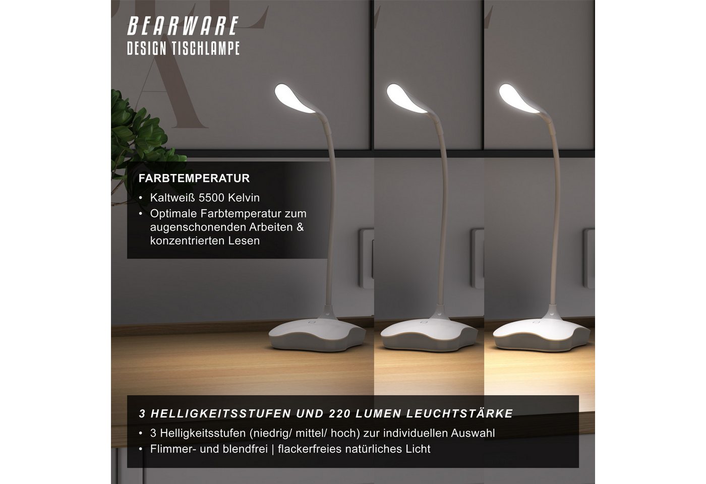 BEARWARE Schreibtischlampe LED Leselampe dimmbar, flexibler Lampenhals, 3 Lichtmodi, Touch-Sensor, mehrere Helligkeitsstufen, Nachtlichtfunktion, LED fest integriert, Kaltweiß, Bürolampe, USB oder Batteriebetrieb, 3 Helligkeitsstufen, Tischleuchte Bild 5