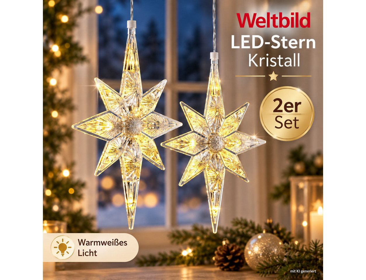Weltbild LED Dekolicht LED-Stern Kristall 2er Set LED Sterne Lichterdeko Weihnachtsdeko, Sternbeleuchtung Kristalloptik Dekostern Stimmungslicht Adventsdeko