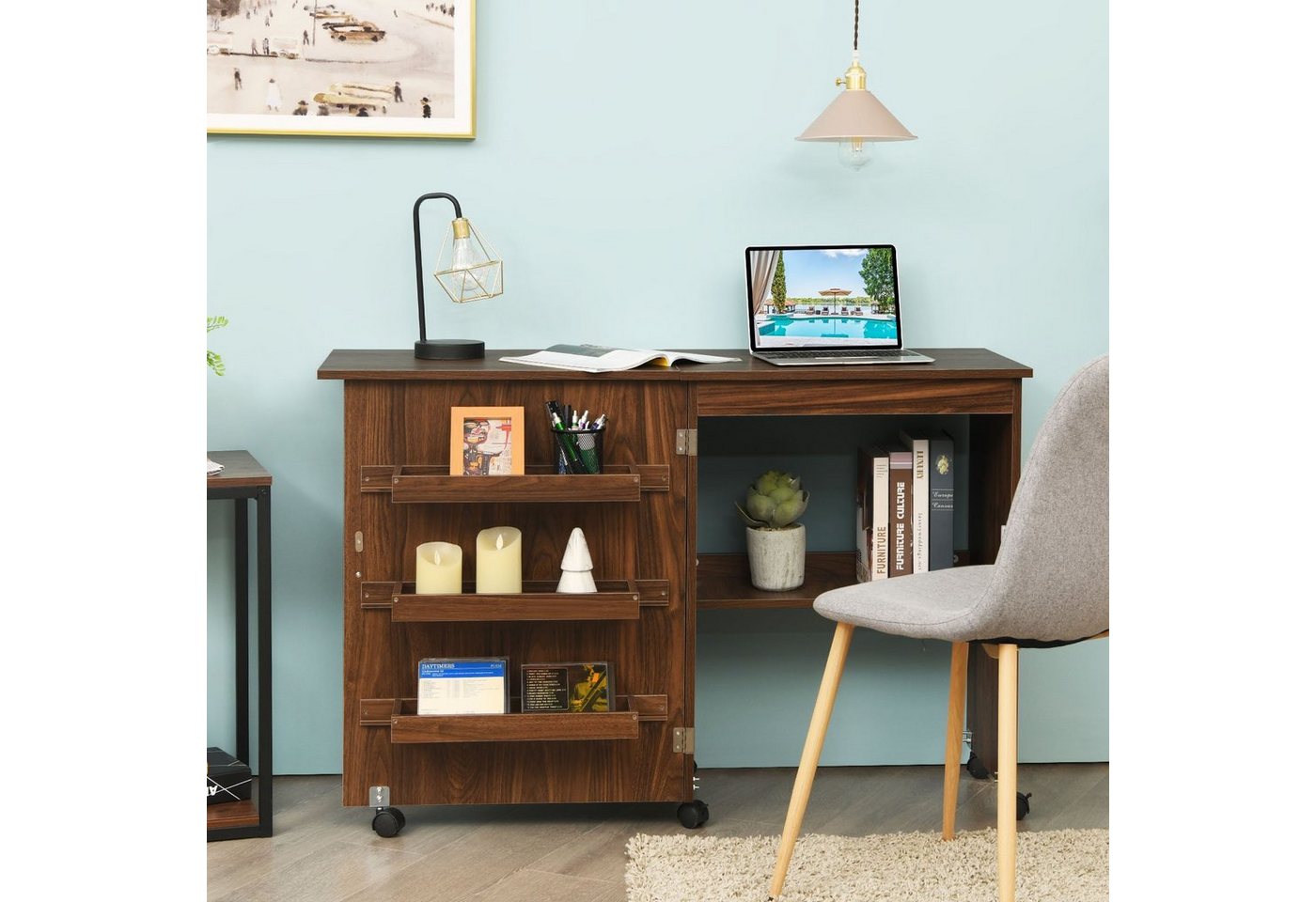 COSTWAY Regal-Schreibtisch, Nähschrank klappbar & rollbar, mit Stauraum, 118,5x40x79,5cm