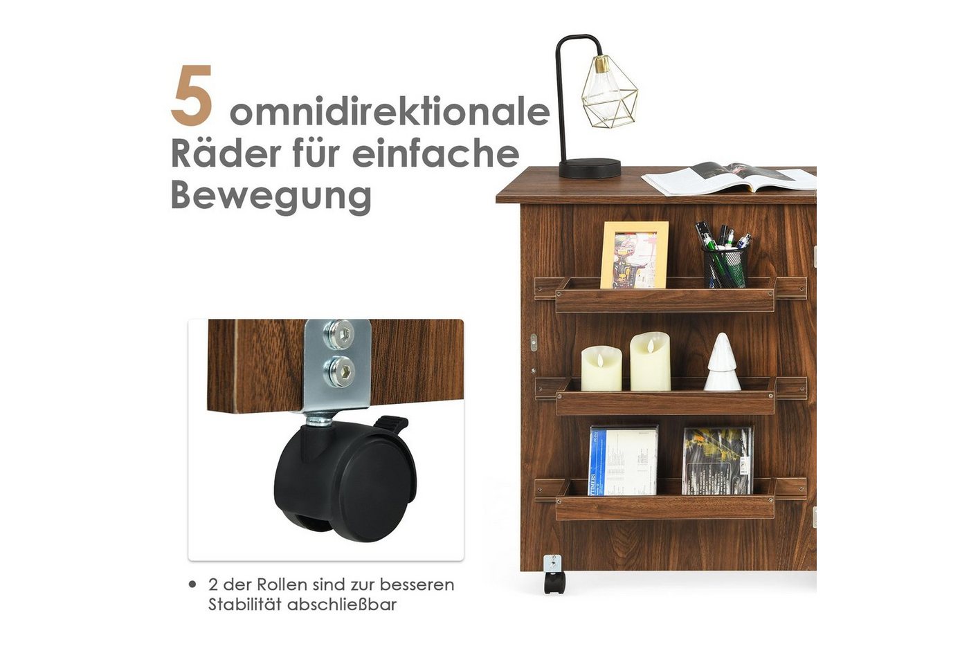 COSTWAY Regal-Schreibtisch, Nähschrank klappbar & rollbar, mit Stauraum, 118,5x40x79,5cm Bild 2