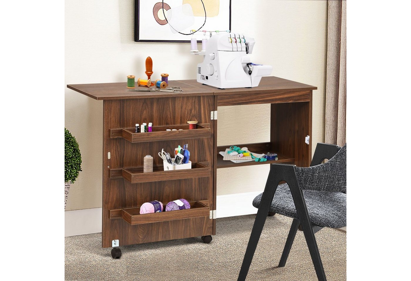 COSTWAY Regal-Schreibtisch, Nähschrank klappbar & rollbar, mit Stauraum, 118,5x40x79,5cm Bild 4