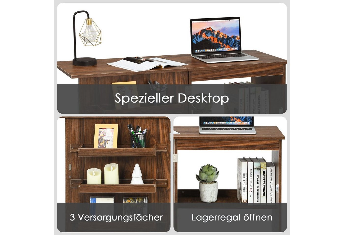 COSTWAY Regal-Schreibtisch, Nähschrank klappbar & rollbar, mit Stauraum, 118,5x40x79,5cm Bild 5