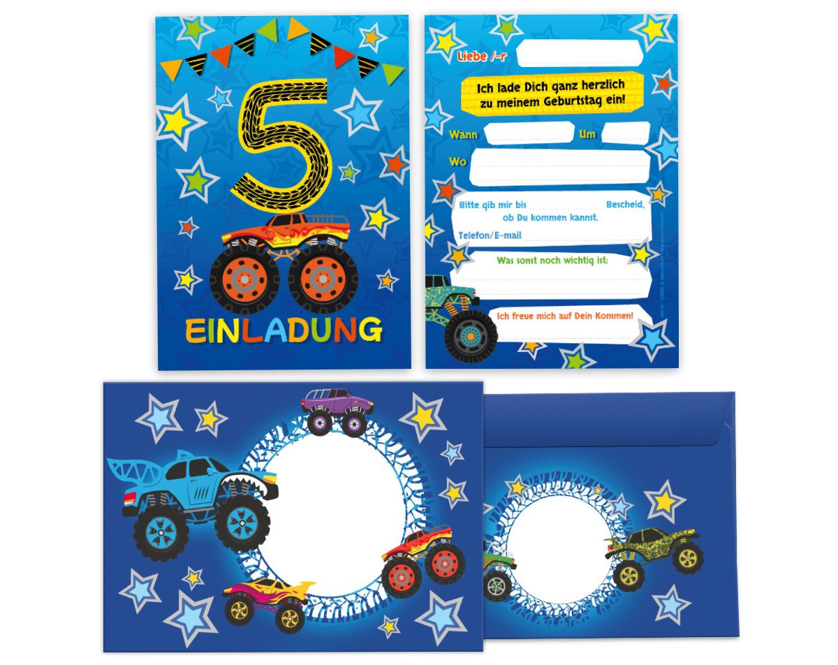JUNAPACK Einladungskarten Monster Truck zum 5. Kindergeburtstag Jungen Einladung Auto Umschläge, Einladungskarten mit Umschlägen zum fünften Kindergeburtstag Truck Bild 2