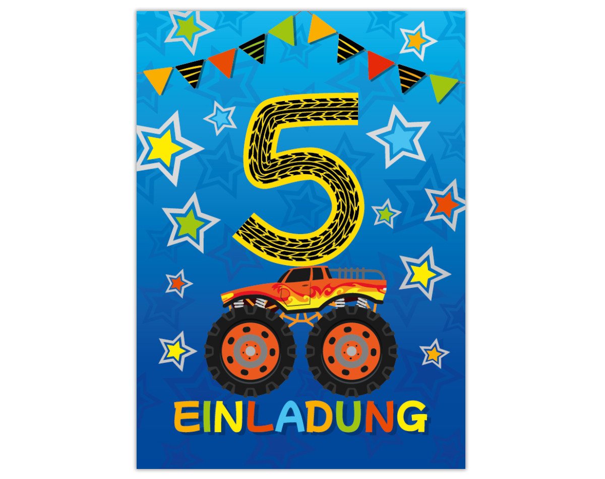 JUNAPACK Einladungskarten Monster Truck zum 5. Kindergeburtstag Jungen Einladung Auto Umschläge, Einladungskarten mit Umschlägen zum fünften Kindergeburtstag Truck Bild 4