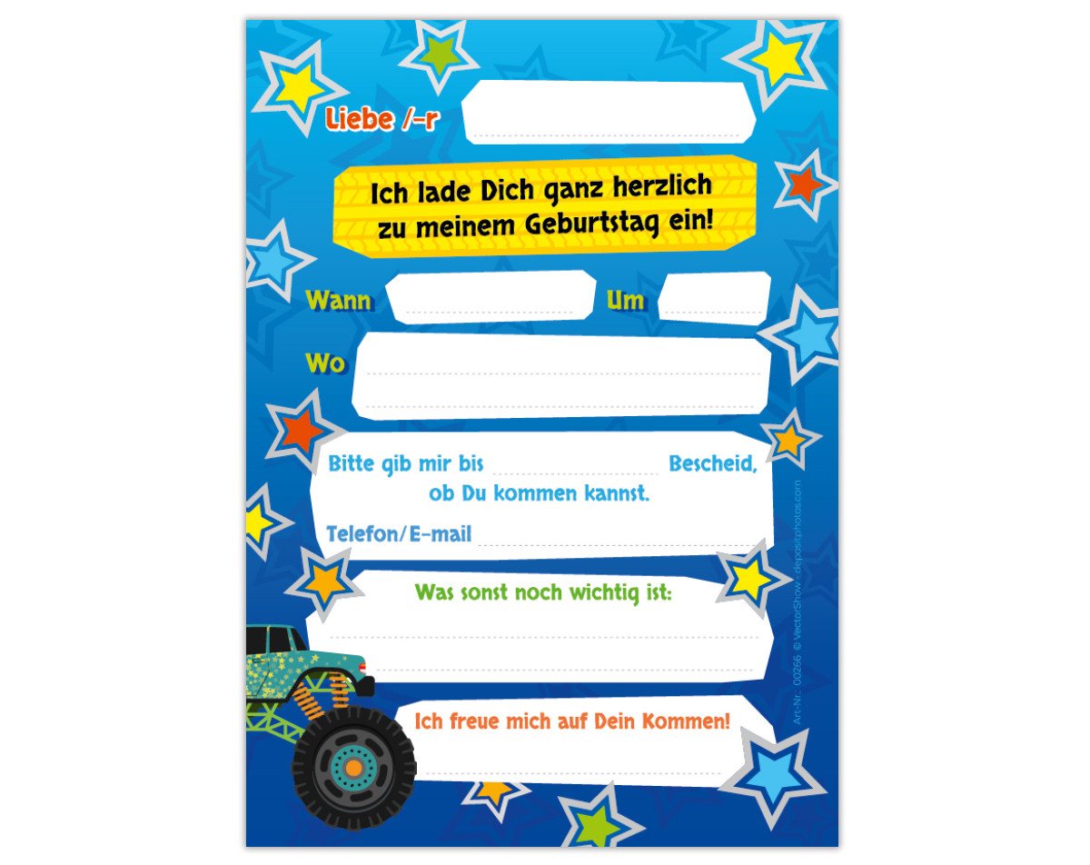 JUNAPACK Einladungskarten Monster Truck zum 5. Kindergeburtstag Jungen Einladung Auto Umschläge, Einladungskarten mit Umschlägen zum fünften Kindergeburtstag Truck Bild 5