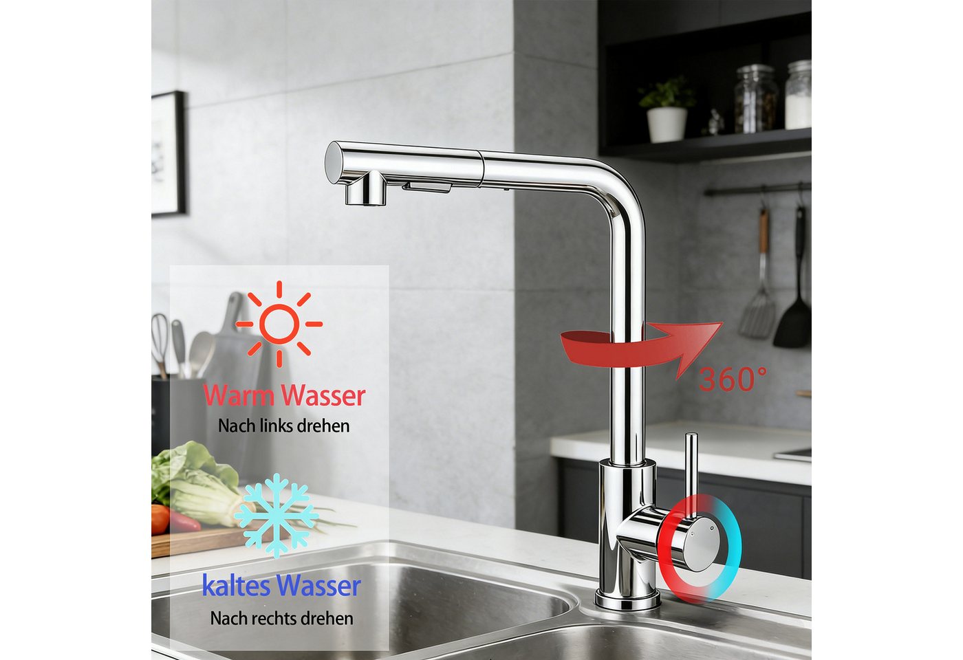 AICA Küchenarmatur Wasserhahn Küche aus Edelstahl, 360° schwenkbar, ausziehbar, robust Hochdruck, 2 Strahlarten, 40 cm Schlauch, Einhebelarmatur