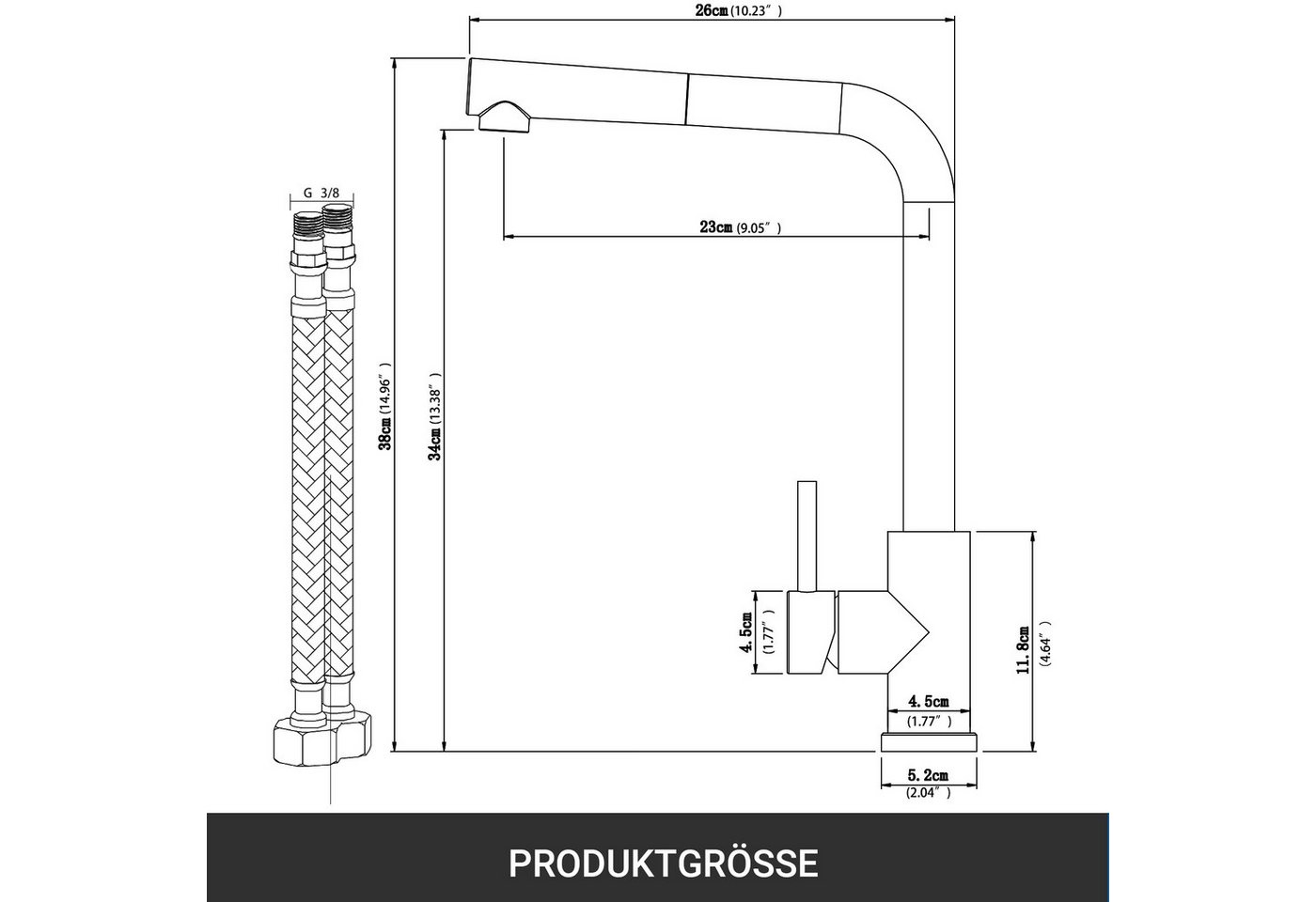 AICA Küchenarmatur Wasserhahn Küche aus Edelstahl, 360° schwenkbar, ausziehbar, robust Hochdruck, 2 Strahlarten, 40 cm Schlauch, Einhebelarmatur Bild 3