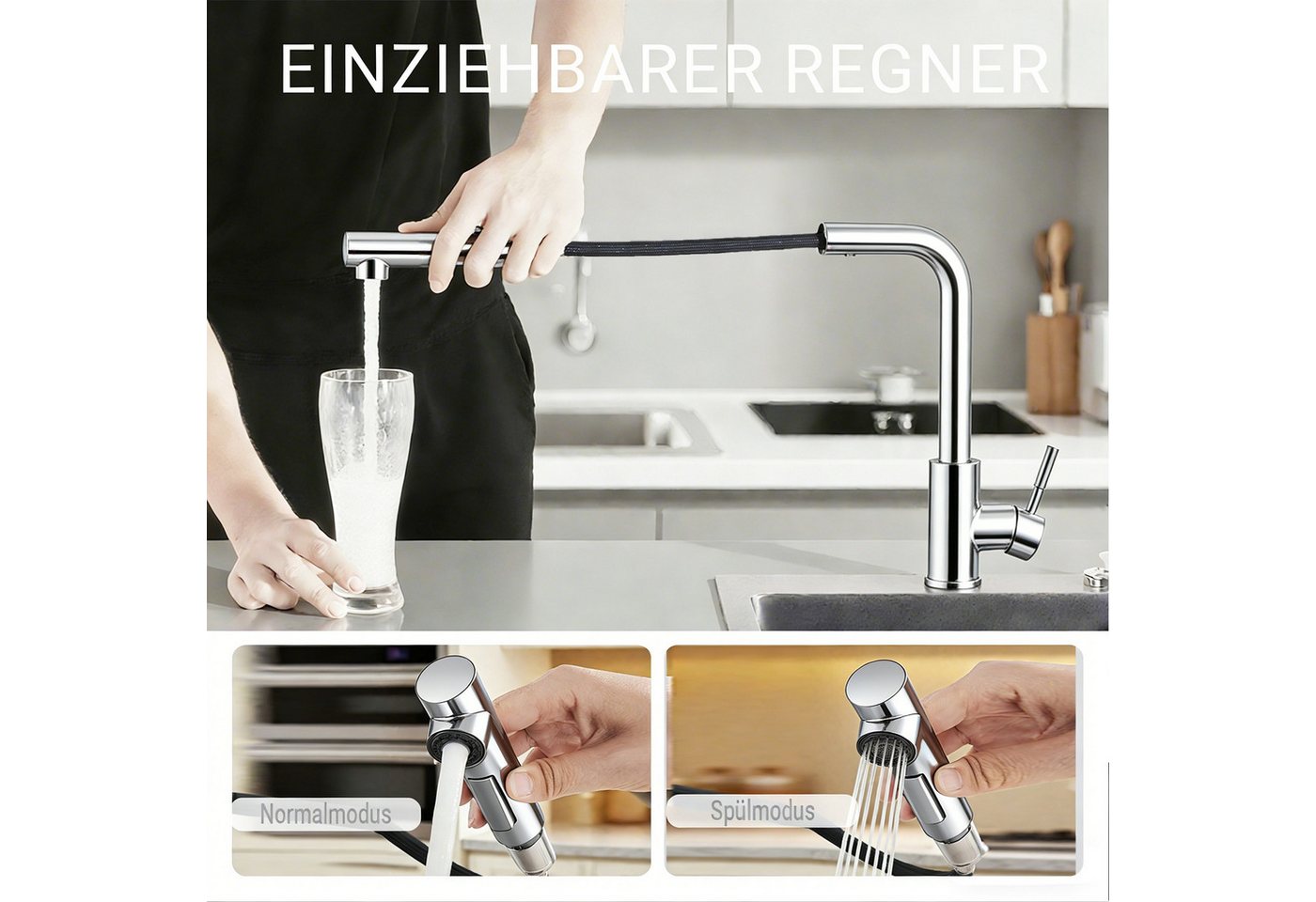 AICA Küchenarmatur Wasserhahn Küche aus Edelstahl, 360° schwenkbar, ausziehbar, robust Hochdruck, 2 Strahlarten, 40 cm Schlauch, Einhebelarmatur Bild 5