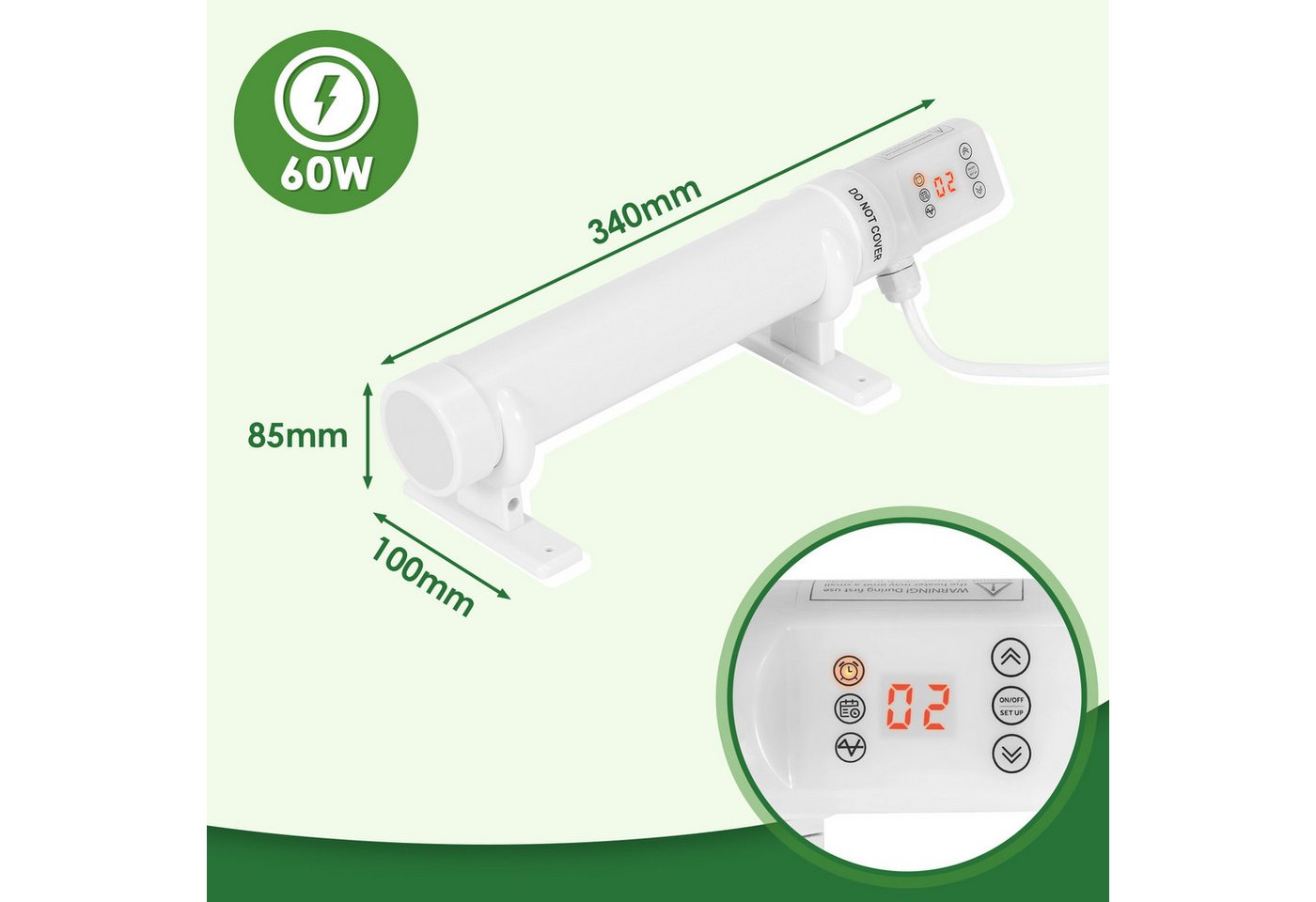 Clanmacy Heizgerät Elektrische Gewächshausheizung 60 W mit Timer, Rohrheizung 340 mm, 60 W