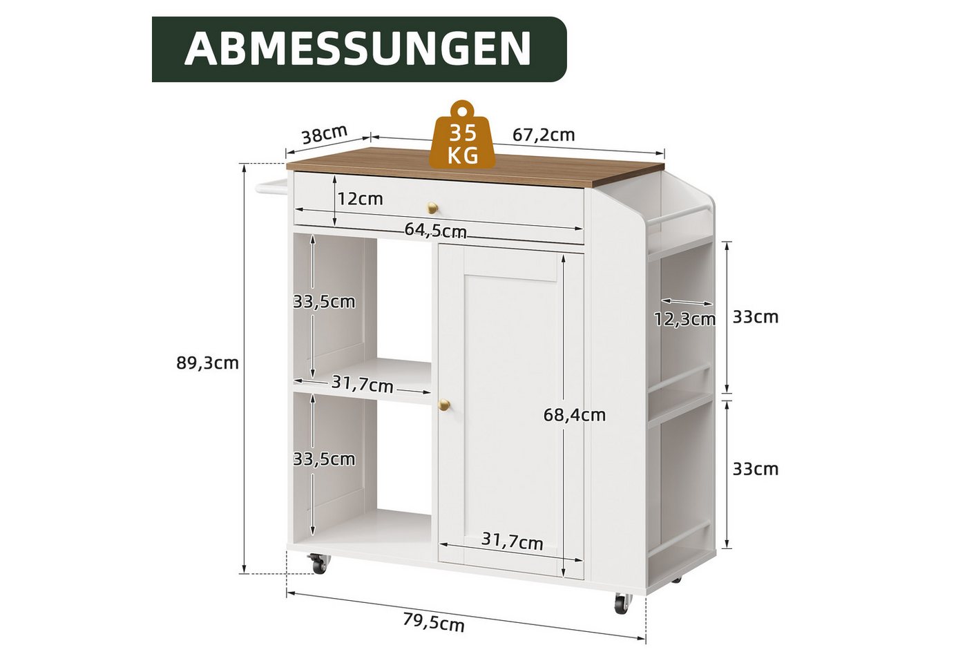 OYRREU Kücheninsel Arbeitsplatte, Küchenmöbel auf Rädern, offene Fächer, OTTO’S CHOICE, (Küchenwagen 1-St. Ordnungswagen, Rollschrank universell einsetzbar), mobiles Servier- & Zubereitungsmöbel Bild 4