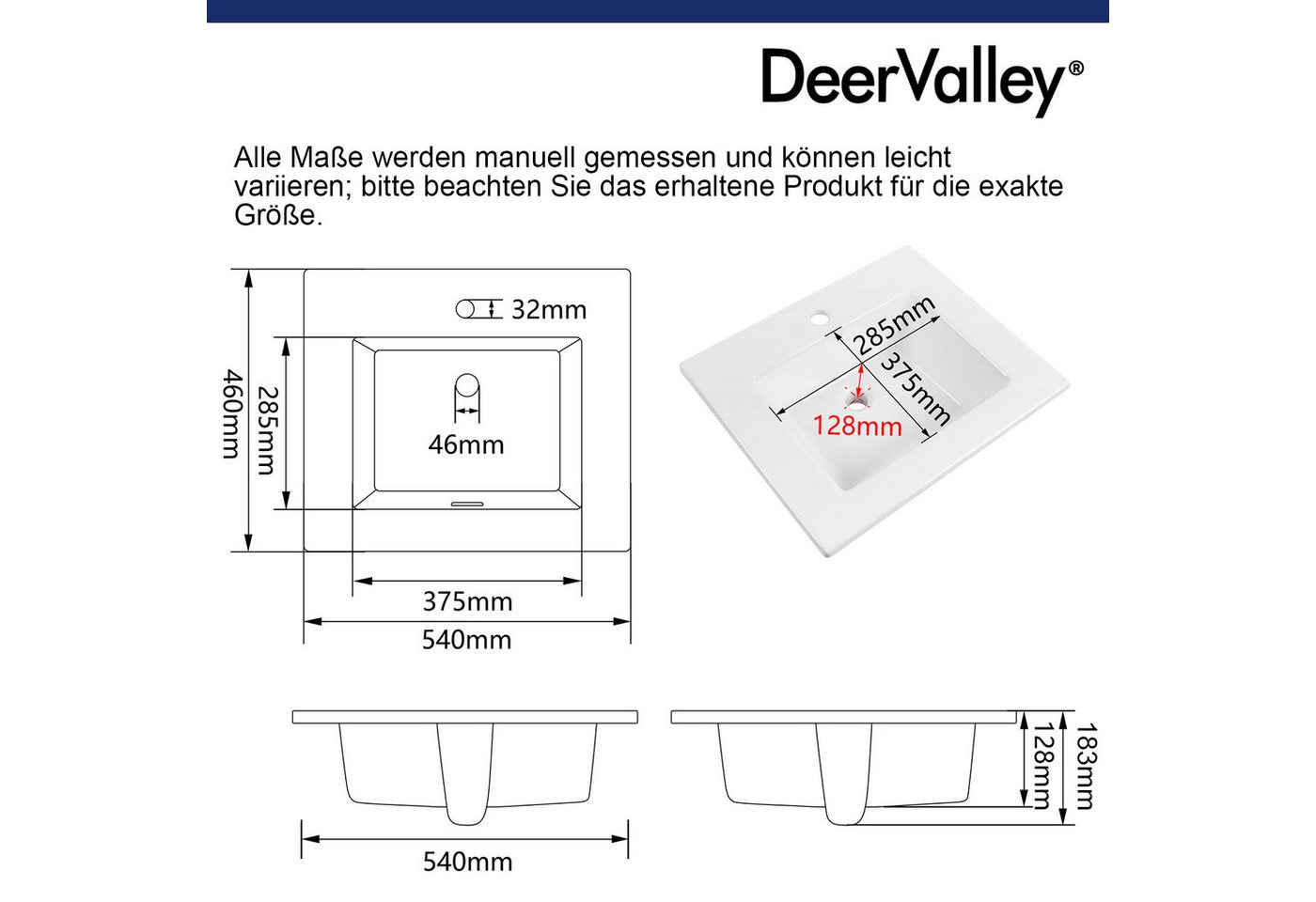 DeerValley Einbauwaschbecken 54 x 46 cm aus Keramik, Waschbecken Bad mit Überlauf und Hahnloch (Einbaubecken Weiß, Handwaschbecken für Waschtisch), Waschtisch für Badezimmer und Gäste-WC