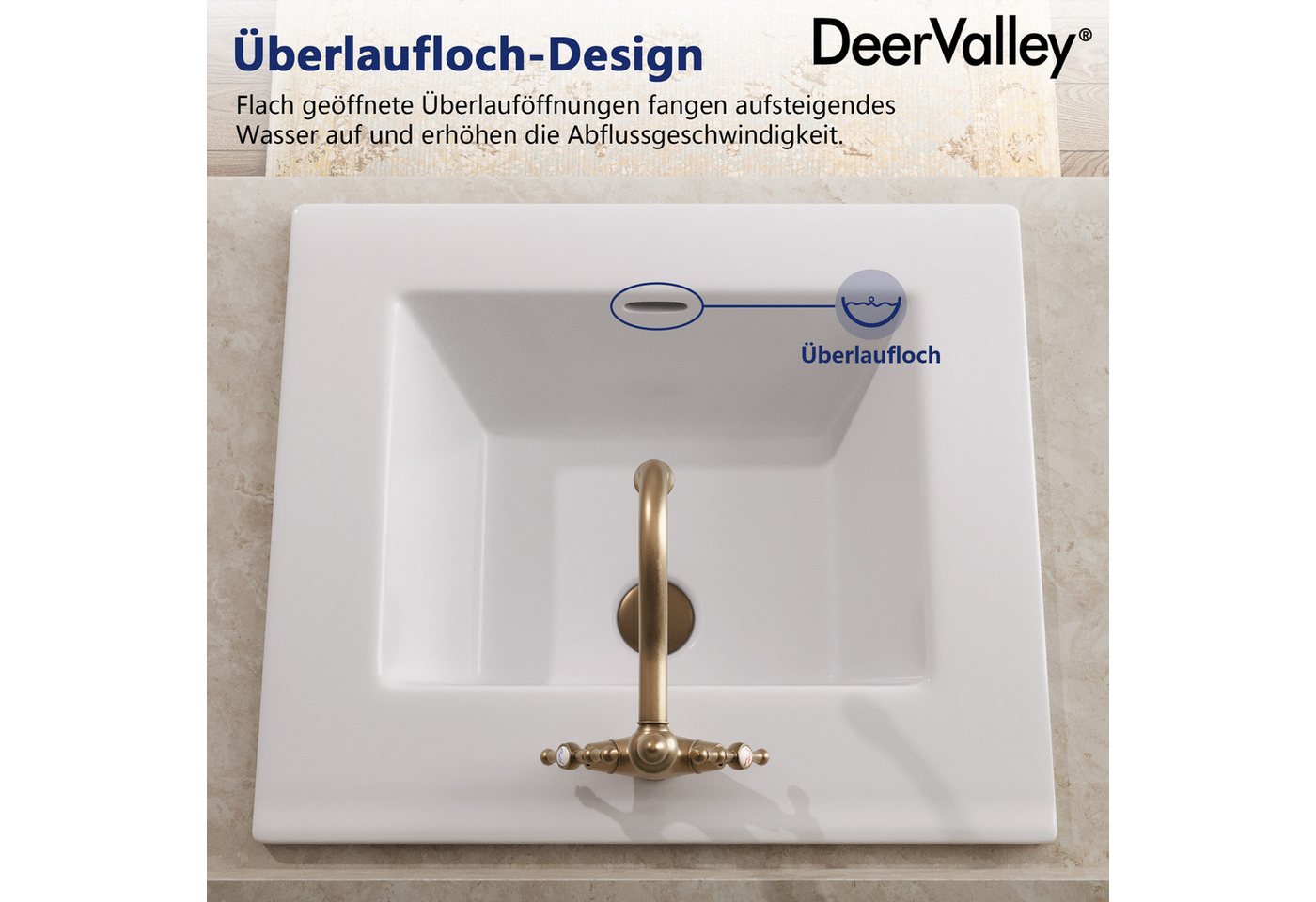 DeerValley Einbauwaschbecken 54 x 46 cm aus Keramik, Waschbecken Bad mit Überlauf und Hahnloch (Einbaubecken Weiß, Handwaschbecken für Waschtisch), Waschtisch für Badezimmer und Gäste-WC Bild 3