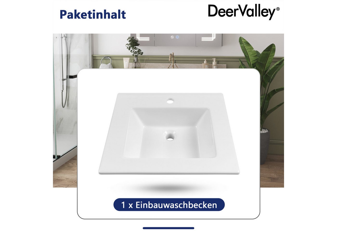 DeerValley Einbauwaschbecken 54 x 46 cm aus Keramik, Waschbecken Bad mit Überlauf und Hahnloch (Einbaubecken Weiß, Handwaschbecken für Waschtisch), Waschtisch für Badezimmer und Gäste-WC Bild 4