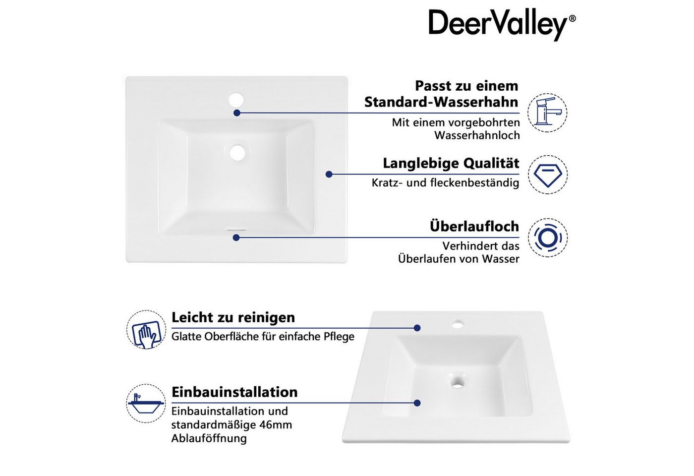 DeerValley Einbauwaschbecken 54 x 46 cm aus Keramik, Waschbecken Bad mit Überlauf und Hahnloch (Einbaubecken Weiß, Handwaschbecken für Waschtisch), Waschtisch für Badezimmer und Gäste-WC Bild 5