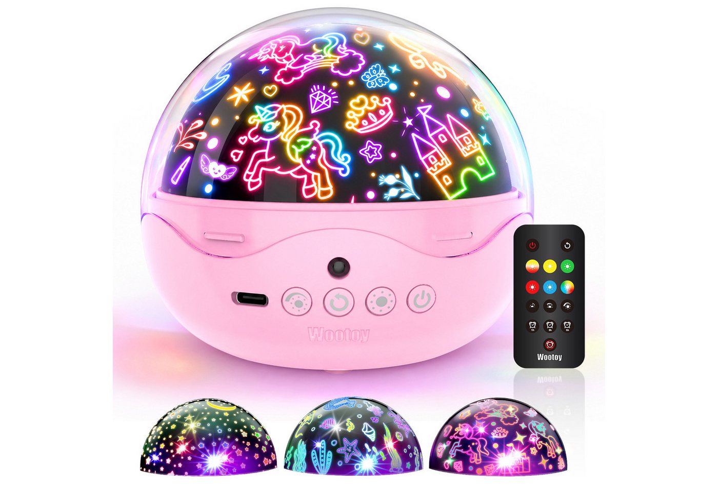 Wootoy LED-Sternenhimmel Einhorn Nachtlicht Projektor 360° drehbar Sternenprojektor Lampe, 360° Projektion Timer und 3 Helligkeitsstufen, LED fest integriert, farbwechsler, Kinder Sternenprojektor Nachtlicht mit 3 Themen 42 Lichteffekte